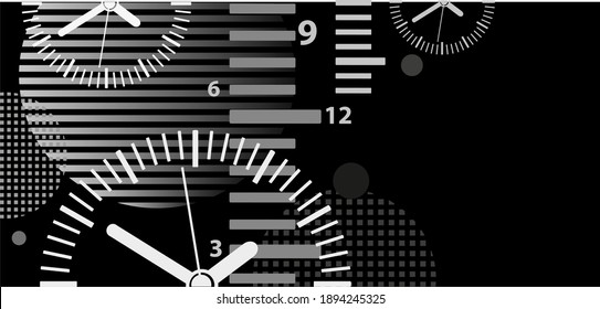 Time background with round wall clocks.