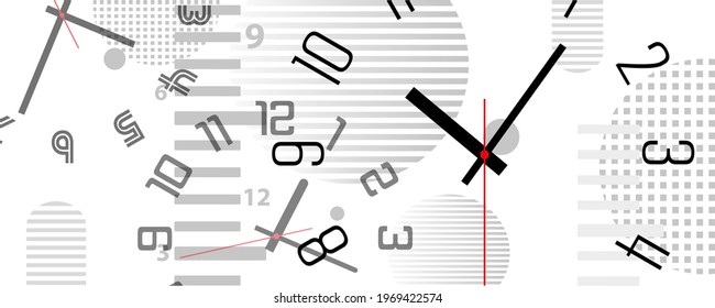 Time background with round wall clocks.