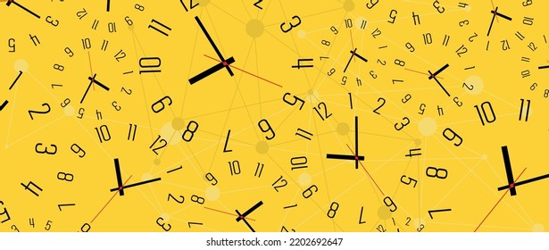 Time background with round wall clocks.