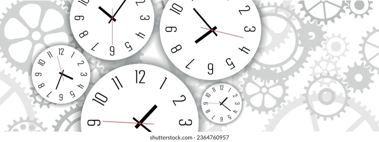 Time background with round wall clocks.