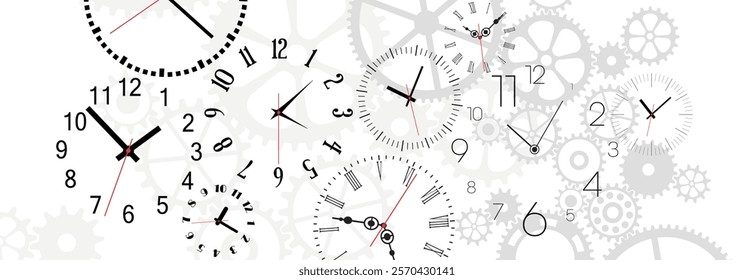 Time background with round wall clocks.