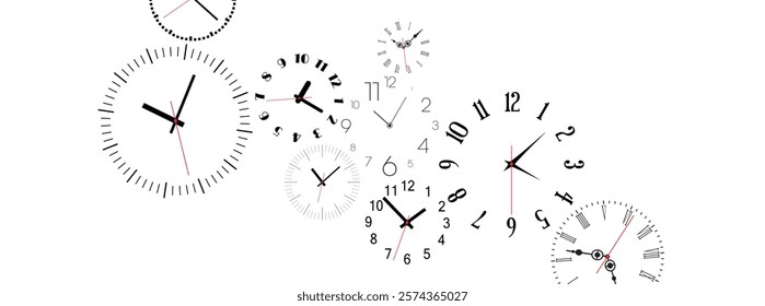 Time background with round wall clocks.