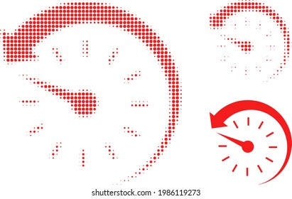 Time backward halftone dotted icon. Halftone pattern contains circle pixels. Vector illustration of time backward icon on a white background.