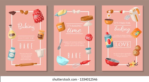 Time for baking set of banners. Baking ingredients and kitchen tools and utensils. Collection of realistic cartoon vector illustrations with cooking related objects. Honey, flour, soda.