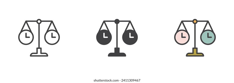 Time balance scale different style icon set. Line, glyph and filled outline colorful version, outline and filled vector sign. Time management symbol, logo illustration. Vector graphics