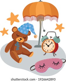 Time to bed - flat vector illustration of a number of bedtime-related objects