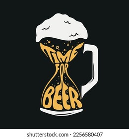 Time for beer hand drawn typography. Beer related lettering sign. Beer pub creative banner. Vector vintage illustration.