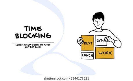 Time blocking concept. Vector of a young man staying organized planning his day wisely 