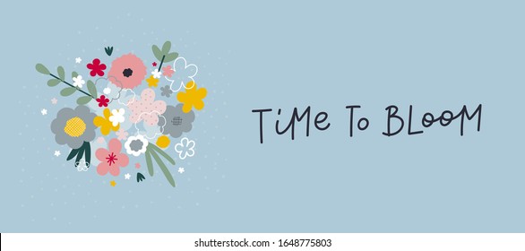 Time bloom lettering flowers green bouquet minimal style postcard illustration. Spring mood season enjoy happy day inspiration graphic design typography element. Hand drawn picture. Simple vector sign