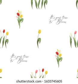Time to bloom, tulip seamless pattern. Blossom flowers on repeatable vector abstract background. Vintage floral illustration. Spring holidays design.