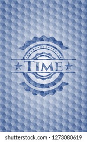 Time blue badge with geometric background.