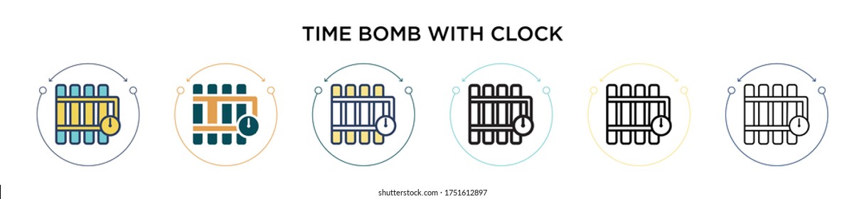 Time bomb with clock icon in filled, thin line, outline and stroke style. Vector illustration of two colored and black time bomb with clock vector icons designs can be used for mobile, ui, web