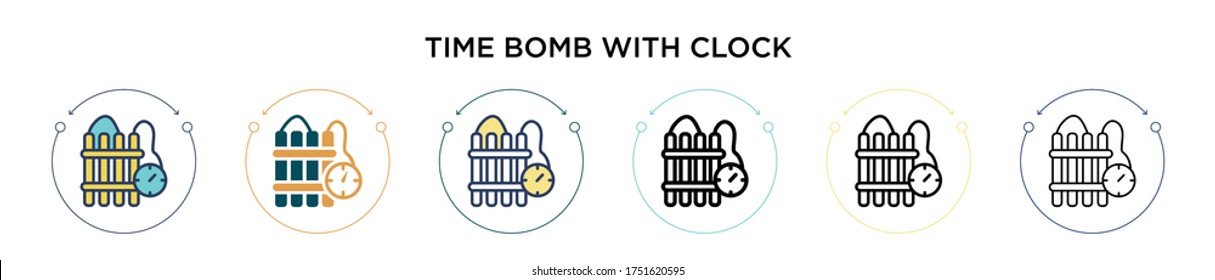 Time bomb with clock icon in filled, thin line, outline and stroke style. Vector illustration of two colored and black time bomb with clock vector icons designs can be used for mobile, ui, web