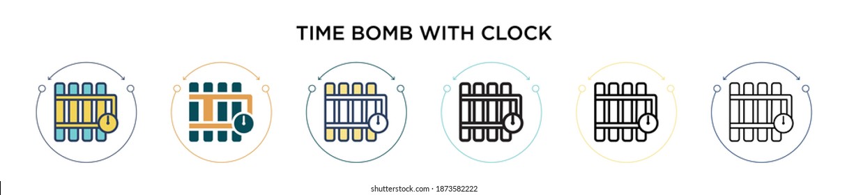 Bomba de tiempo con icono de reloj en línea llena, delgada, contorno y estilo de trazo. Ilustración vectorial de dos bombas de tiempo de color y negro con diseños de iconos vectores de reloj se puede usar para móviles, ui, web