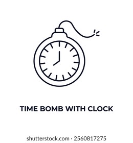 time bomb with clock outline icon. Linear vector from army and military concept. Thin line time bomb with clock icon isolated on white background