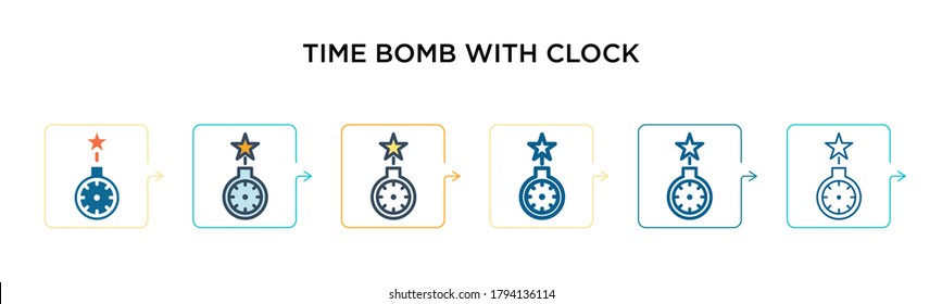 Zeitbombe mit Uhr, Vektorsymbol in 6 verschiedenen modernen Stilen. Schwarze, zweifarbige Zeitbombe mit Uhren, die im vollen, Umriss-, Linien- und Schlagstil entworfen wurden. Vektorgrafik kann für 