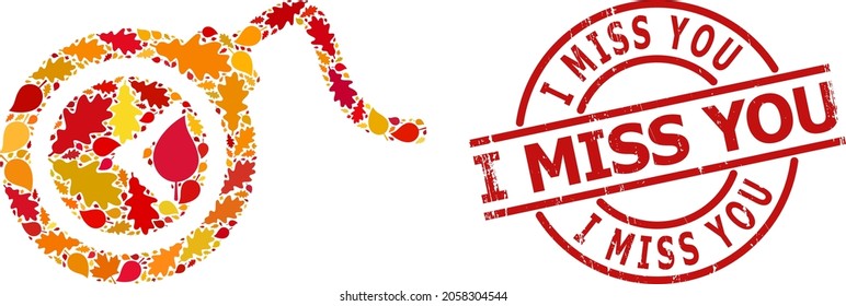 Time Bomb collage icon designed for fall season, and I Miss You grunge stamp seal. Vector time bomb mosaic is constructed of random fall maple and oak leaves.