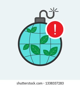 Time bomb concept. Environmental risk metaphor. Raise public awareness of environmental problems. Environmental alert symbol. Vector illustration flat design style. 