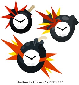 Time bomb. Deadline and hours. Dangerous situation. Business concept. Set of explosions and rush icon. Cartoon flat illustration