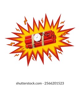 time bomb with detonator set vector illustration and exploding effect isolated on white background. Dynamite bomb explodes with the clock.