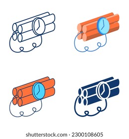 Icono de bomba de tiempo establecido en estilo plano y de línea. Dinamita con el símbolo del temporizador. Ilustración del vector