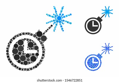 Time bomb mosaic of round dots in various sizes and color tints, based on time bomb icon. Vector round elements are combined into blue mosaic. Dotted time bomb icon in usual and blue versions.