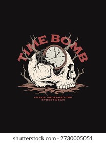 Bomba de tempo Caveira Relógio Ilustração Projeto de Arte Escura.