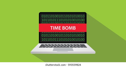 time bomb technique concept illustration with laptop comuputer and text banner on screen with flat style and long shadow