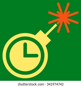 Time Bomb vector icon. Style is bicolor flat symbol, orange and yellow colors, rounded angles, green background.