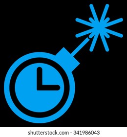 Time Bomb vector icon. Style is flat symbol, blue color, rounded angles, black background.