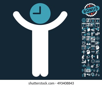 Time Boss pictograph with bonus calendar and time management graphic icons. Vector illustration style is flat iconic bicolor symbols, blue and white colors, dark blue background.