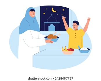 Time to break the fast has arrived after a long day of fasting, muslim vector illustration.