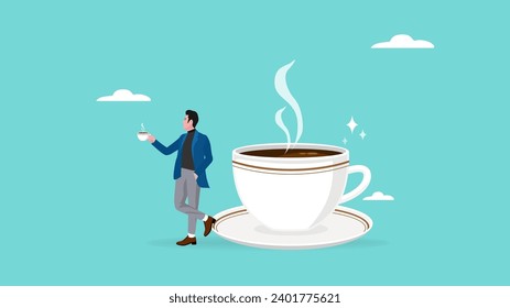 time for a break illustration with concept of businessman is resting while drinking coffee and leaning on a big cup of coffee, coffee break time to relax and refresh from long stress concept design