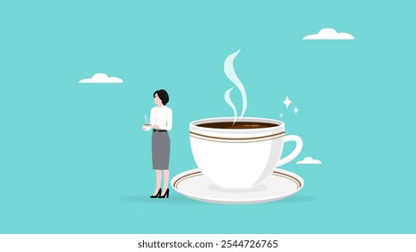 time for a break illustration with concept of businesswoman is resting while drinking coffee and leaning on a big cup of coffee, coffee break time to relax and refresh from long stress concept