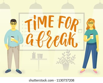 Time for a break illustration with office male and female characters drinking coffee and smiling.