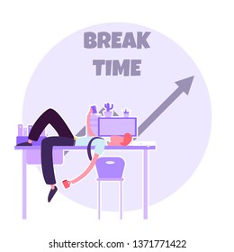time for a break, office worker resting at work,vector image, colorful character