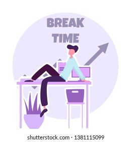 time for a break, office worker resting at work,vector image, colorful character