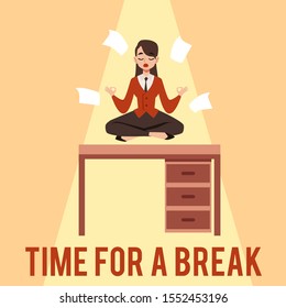 Time for a break. A young woman or girl focuses, meditates and sits in the lotus position on a table in the workplace under a beam of light among the papers. Flat cartoon office vector illustration.