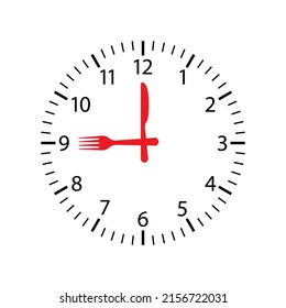 Desayuno a la hora. Reloj con tenedor rojo y cuchillo. Icono de tiempo de comida aislado en fondo blanco. Desayuno, almuerzo y cena las 24 horas. Logo para restaurante, cocina y oficina. Vector.