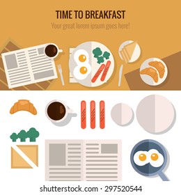 Time to breakfast: newspaper, plate, toast, sausage, coffee, eggs broccoli, croissant, fork, knife, pan. Vector flat background and objects illustrations