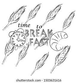 Time to breakfast.Time to eating.Eating scene with wheats,croissant and clock.