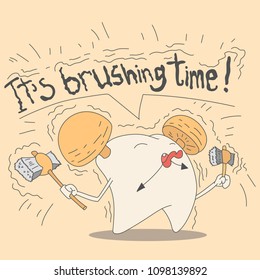 time to brush your teeth! Vector illustration for children dentistry and orthodontics. Cute teeth characters.