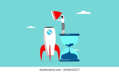 time to build a business startup, success steps in building a start-up business, journey to success in starting a business, businesswoman climbs the big hourglass and completes the rocket design