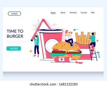 Time to burger vector website template, web page and landing page design for website and mobile site development. Micro male and female characters eating fast food burger, french fries, drinking soda.
