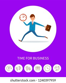 Time for business, businessman with time clock vector. Person late for work, tardy man carrying briefcase. Poster with text sample, chief executive