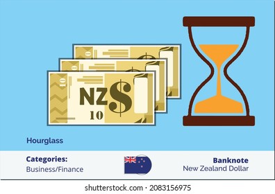 Time and Business concept. Hourglass with Bundle of 10 New Zealand Dollar.
