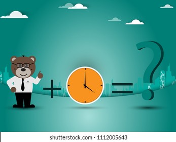 time business concept,teddy bear businessman plus watch or time as question mark on city landscape background. Concept business vector illustration eps 10.