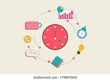 Time business management concept. Control web infographics and workforce digital data computing with graphical strategy electronic vector size development and planning.