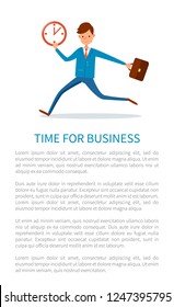 Time for business poster, businessman running at work with briefcase in hand, pointing on clock. Man in hurry, boss late at office, manager with case.