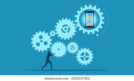time of the business process. Businessman connected hourglass gear